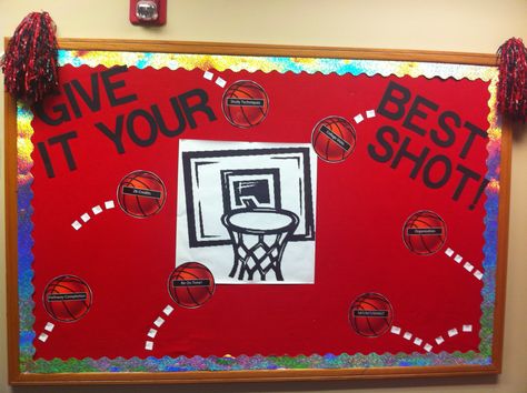 Basketball bulletin board. The basketballs have steps toward graduation printed on them. Great for high school! Basketball Bulletin Boards, College Bulletin Board, Pe Classroom, November Bulletin Boards, Basketball Ideas, Kindergarten Bulletin Boards, College Bulletin Boards, Thanksgiving Bulletin Boards, Christmas Bulletin Boards