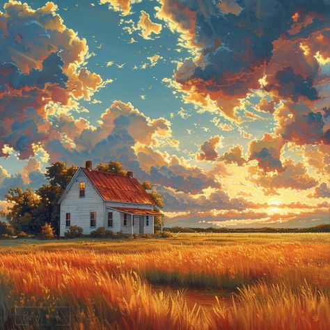 Sumer Landscape, Country Side House, Dramatic Sunset, House In Nature, Digital Screen, Wheat Fields, Country Side, Rural Life, Painting Digital