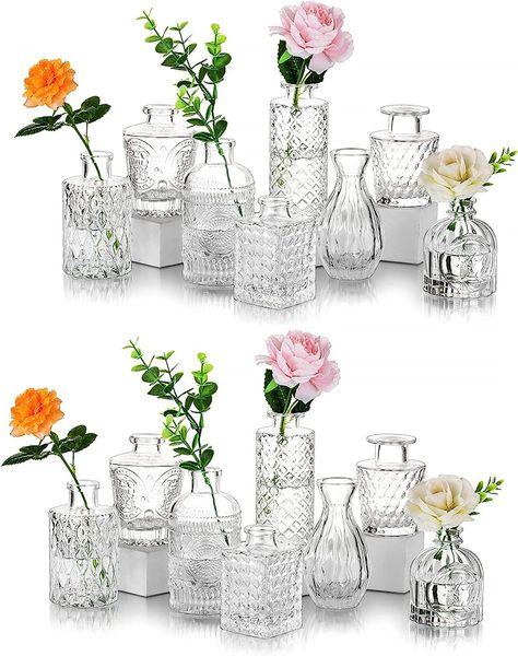 Small Glass Table Centrepieces Flowers Vase：Glasseam 16Pcs Vintage Mini Bud Sweet Pea Vases Set Cut Crystal Clear Narrow Neck Bottles for Roses Pampas Grass Wedding Living Room Dining Decoration : Amazon.co.uk: Home & Kitchen Small Vase Centerpiece, Small Glass Table, Modern Floral Centerpieces, Table Centerpiece Flower, Glass Vases Centerpieces, Boho Vase, Vase Transparent, Small Vases, Clear Vases