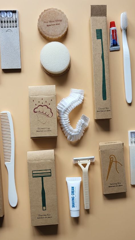 Compostable! Hotel Toiletries, Hotel Ideas, Shaving Kit, Hotel Amenities, Shoe Shine, Kraft Boxes, Shower Cap, Luxor, Brushing