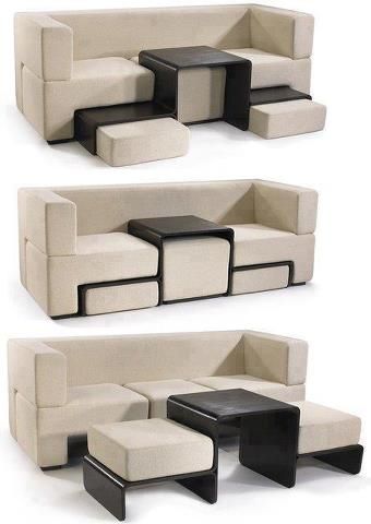 Couch that has pull out foot rests and ottoman. Eco Furniture, Smart Furniture, Creative Furniture, Space Saving Furniture, Smart Design, Design Case, Small Living, Decoration Design, Design Interior