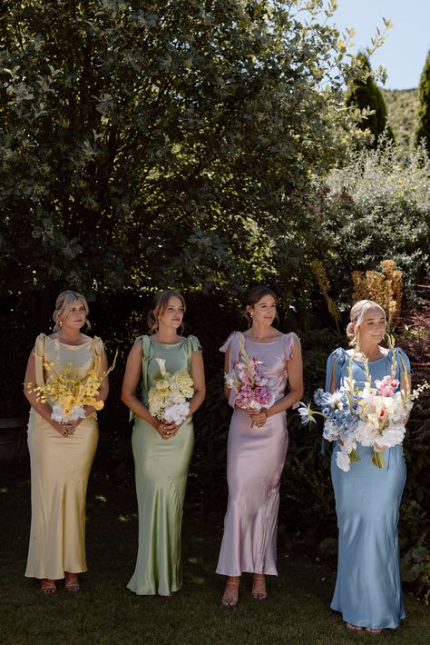 Kate + Hamish by Alpine Image Co - Together Journal - Weddings Colorful Floral Wedding Bridesmaids, Vestidos Color Pastel, Goals Aesthetic, Satin Bridesmaid Dress, Dream Wedding Ideas Dresses, Garden Party Wedding, Pastel Wedding, Satin Bridesmaid Dresses, Wedding Vision