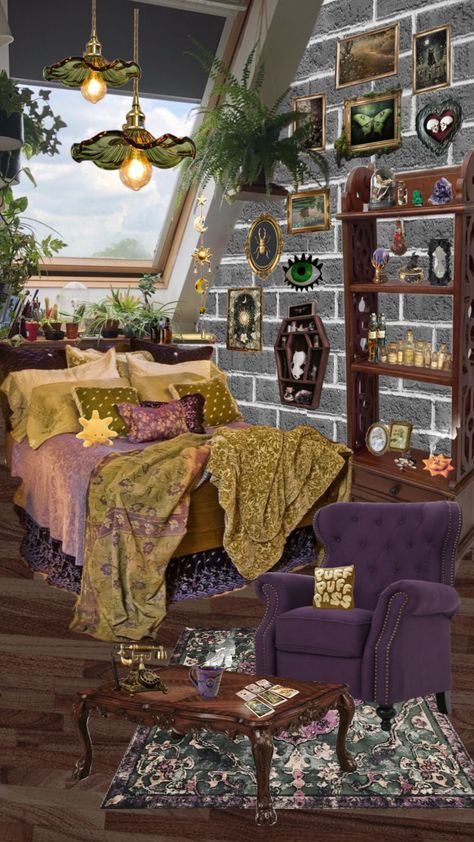 #bedroom #decor #roomdecor #witchy #witchvibes #art #aesthetic #fyp Wicca Room Decor, Whimsigoth Decor Bedroom, Practical Magic Bedroom, Tarot Bedroom, Tarot Room Decor, Witch Bedroom Ideas, Whimsigoth Interior, Dopamine Decor Bedroom, Whimsigothic Room