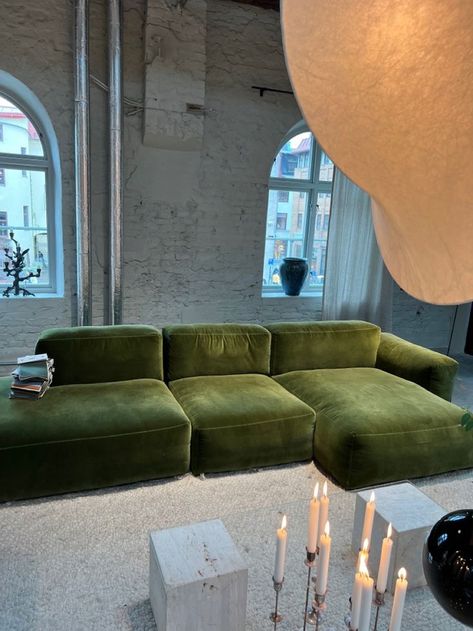 Velour Couch, Green Couch Living Room, Small Sunroom, Green Couch, Future Apartment Decor, Dream Furniture, Apartment Decor Inspiration, Dream House Interior, Apartment Inspiration