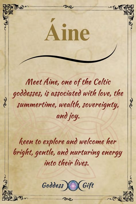 Meet Áine, one of the Celtic goddesses, is associated with love, the summertime, wealth, sovereignty, and joy. Learn more - https://goddessgift.com/goddesses/aine/ . #Áine #CelticGoddess #SummerGoddess #GoddessOfLove #CelticMythology #GoddessOfJoy #AncientGoddess #SovereigntyGoddess #WealthGoddess #CelticCulture #GoddessWorship #MythicalFigures #GoddessEnergy #GoddessOfLight Aine Goddess, Goddess Aine, Goddess Of Summer, Celtic Goddesses, Wicca Crystals, Irish Goddess, Goddess Magick, Summer Goddess, Ancient Goddesses