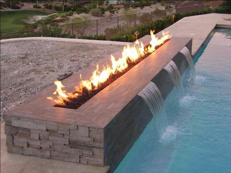 Fire & Water Feature | All Seasons Pools | Flickr Landscaping Water Feature, Fire Pit Decor, Outside Fire Pits, Hot Tub Backyard, Backyard Fireplace, Backyard Seating, Waterfalls Backyard, Backyard Pergola, Fire Pit Designs