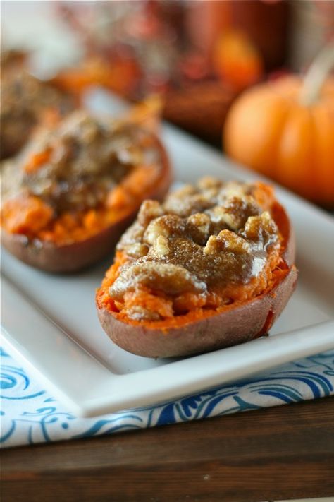 Twice Baked Sweet Potatoes with Walnut Streusel Thanksgiving Yams, Princess Recipes, Thanksgiving Dish, Sweet Potato Recipes Baked, Twice Baked Sweet Potatoes, Baked Sweet Potatoes, Sweet Cooking, Twice Baked, Baked Sweet Potato