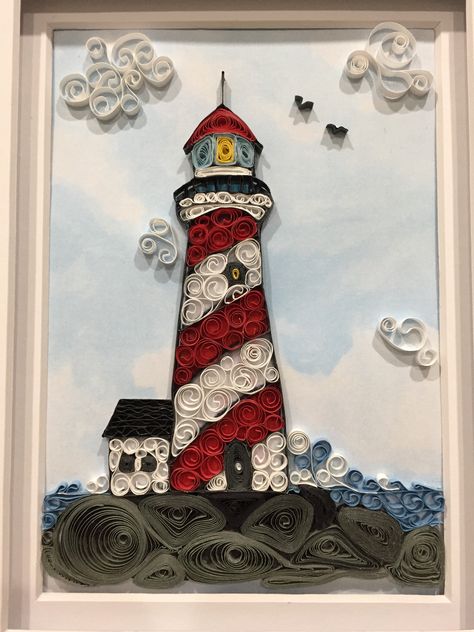 Quilling On Canvas, Quilling Paper Ideas, Lighthouse Craft, Quilling Paper, Paper Quilling Designs Easy, Paper Quilling Designs Creative, Quilling Landscape Art, Quilled Lighthouse, Quilling Lighthouse