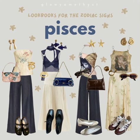 🌟 lookbooks for zodiac signs part 1/3 ✨️ • whats ypur sign? im a virgo 💌 • fc: 107k date: july 30th • tags: #glowyamethyst #moodboard #moodboards #zodiacsigns #signs #capricorn #aquarius #pisces #aries Pisces Venus Outfits Aesthetic, Pisces Aesthetic Clothes, Pisces Fashion Outfits, Pisces Style Aesthetic, Pisces Venus Fashion, Pisces Fashion Aesthetic, Pisces Clothes, Pisces Rising Style, Pisces Venus Style Outfits