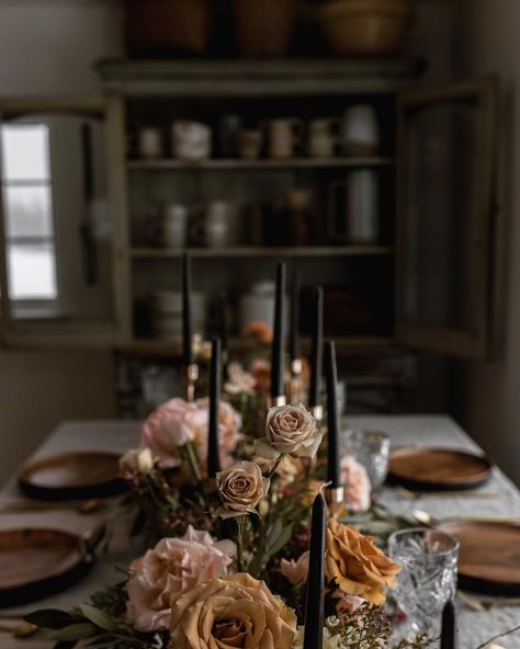 Stephanie (@aquietlifeathome) • Instagram photos and videos Academia Fall Decor, Dark Academia Fall, Joy Comes In The Morning, Fall Dinner Party, Hosting Dinner, Cozy Fall Decor, Rustic Pumpkin, Fall Inspiration, Black Vase