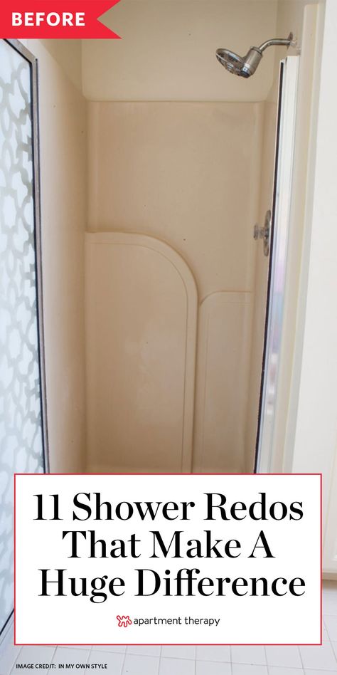 These 11 cool ideas for shower remodels completely transformed the bathroom. #showerremodel #showerideas #bathroomshower #showertiles #bathroomideas #bathroomdecor #bathroomtile #bathroommakeover Shelving Ideas Bathroom, Shower Makeover Diy, Replace Shower Door, Bathroom Shelf Decor Ideas, Bathroom Shelving Ideas, Diy Shower Door, Fiberglass Shower Stalls, Small Shower Stalls, Shelf Decor Ideas