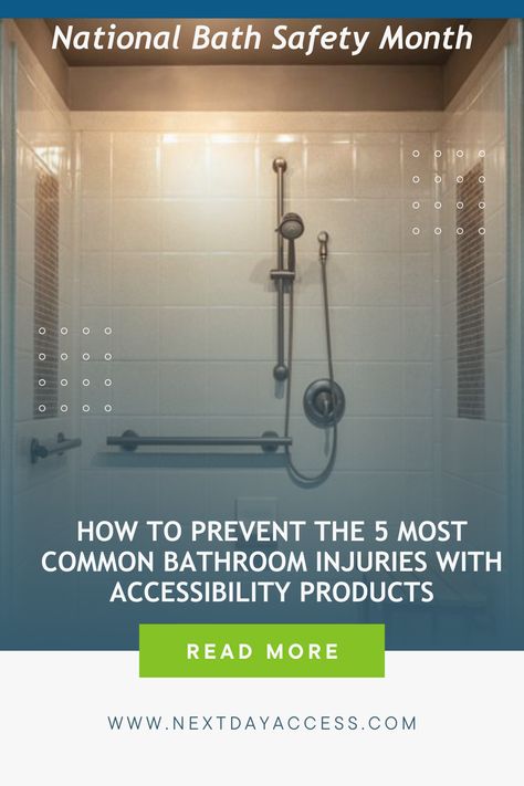 It's National Bath Safety Month! In honor of this month, we're highlighting the 5 most common bathroom injuries that occur and the bathroom accessibility products you can install in your very own home to reduce risks of accidents. Common Bathroom, Bath Trends, Bath Safety, Bathroom Safety, Bathroom Solutions, Shower Seats, Aging In Place, Seat Design, Universal Design