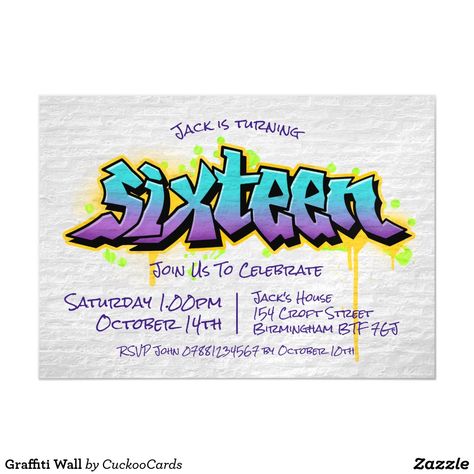 Bright Graffiti, 16th Birthday Invitations, Graffiti Font, Magnetic Card, Teen Birthday, Graffiti Wall, Graffiti Styles, Graduation Announcements, Party Flyer