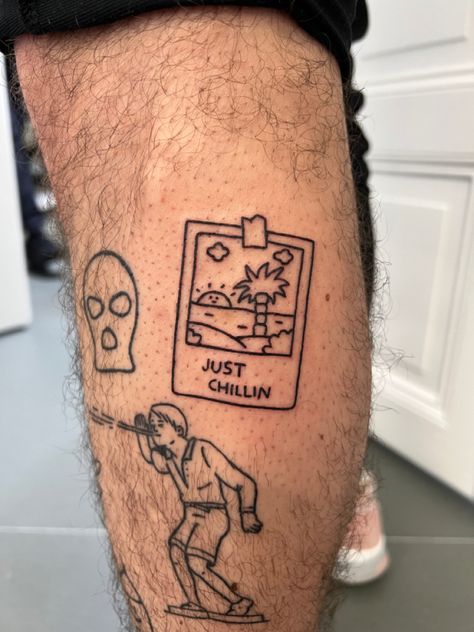 Sticker Tattoo Ideas Men, Chill Tattoo Ideas Men, Men Patchwork Tattoo Ideas, Indie Tattoo Men, Hipster Tattoo Men, Men Thigh Tattoo Ideas, Small Thigh Tattoos Men, Masc Tattoos, Patchwork Tattoo Ideas For Men