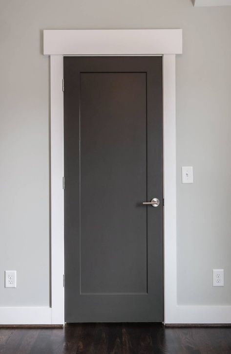 Sherwin Williams Peppercorn: Color Spotlight Dark Gray Interior Doors, Dark Moody Paint Colors, Moody Paint Colors, Interior Door Paint Colors, Brown Interior Doors, Gray Interior Doors, Moody Paint, Warm Grey Walls, Interior Door Colors