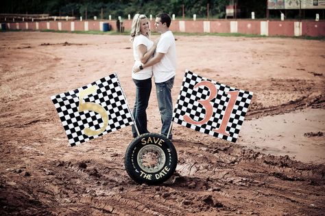 Love On The Speedway, Race Track Engagement Photos With Checkered Flags & Beer Showers | Storyboard Wedding Car Themed Wedding, Car Engagement Photos, Beer Photography, Baby Announcement Pictures, Checkered Flag, Wedding Engagement Photos, Wedding Pics, Go Kart, Race Track