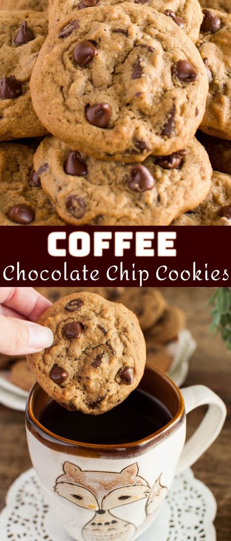 Coffee Chocolate Chip Cookies are thick, soft, and chewy! Espresso infused dough and lots of gooey chocolate chips are sure to perk you up! Coffee Chocolate Chip Cookies, Coffee Cookies Recipe, Cookie Coffee, Coffee Biscuits, Best Chocolate Chip Cookies Recipe, Espresso Cookie, Soft Chocolate Chip Cookies, Cookie Recipes Homemade, Cocoa Cookies