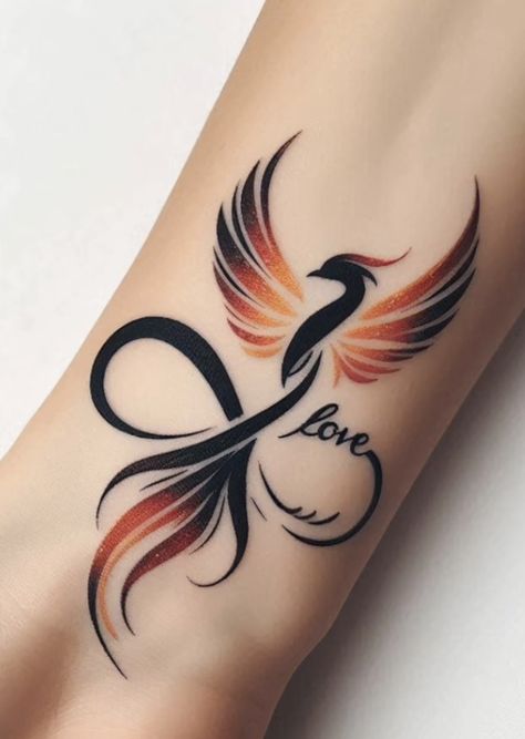 Phoenix And Infinity Tattoo, Two Words In One Tattoo, White Ink Phoenix Tattoo, Small Phoenix Tattoos Still I Rise, Cool Phoenix Tattoo, Tattoos That Mean Protection, Phoenix Tattoo Minimalist Simple, Infinity Tattoos Men, Phoenix Infinity Tattoo