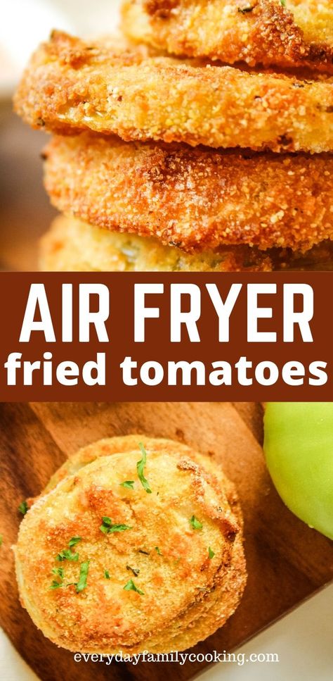 An easy air fried green tomatoes recipe that's much healthier than deep fried! Coated in cornmeal and breadcrumbs for traditional flavor. Includes directions on how to freeze and cook the air fryer green tomatoes from frozen. #airfryer #airfried Pickled Fried Green Tomatoes, Air Fried Green Tomatoes Healthy, Fried Green Tomato Air Fryer, Fried Tomatoes Red Air Fryer, How To Fry Green Tomatoes In Air Fryer, Green Tomatoes Fried, Fried Green Tomato Recipes Easy, Things To Make With Green Tomatoes, Airfryer Fried Green Tomatoes