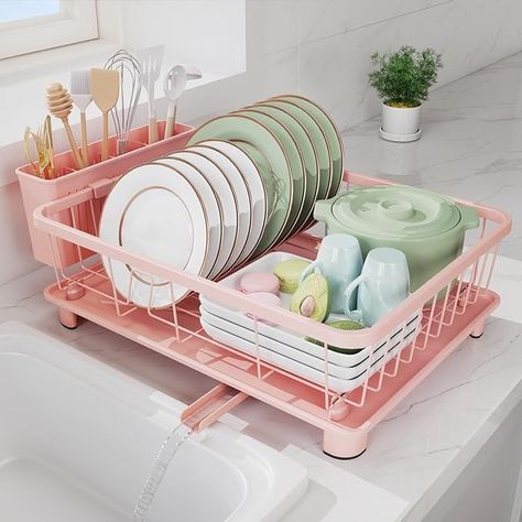 Amazon.com - Hiviweer Pink Dish Drying Rack - Space-Saving Dish Rack,Dish Racks for Kitchen Counter with Drainboard, Birthday Christmas Day Mothers Day Thanksgiving Gifts for Mom Grandma Wife Kitchen Enthusiasts Dish Rack Design, Racks For Kitchen, Pink Dishes, Drying Rack Kitchen, Kitchen Sink Storage, Dish Drying Rack, Dish Rack, Sink Storage, Rack Design