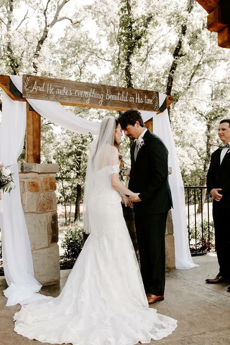 | christian wedding arch decor | christian wedding signs | "and He makes everything beautiful in His time" | wedding arch draping | straight-edged wedding arch decoration ideas | outdoor wedding arch decor | modern wedding decorations | photo taken at THE SPRINGS Event Venue. follow this pin to our website for more information, or to book your free tour! SPRINGS location:  The Lodge in Denton, TX photographer:  Mattie Claire Photography #weddingdecor #weddingdecorations #weddingarch #christian Modern Christian Wedding, Wedding Decorations Christian, Christian Wedding Ideas Decor, Boho Christian Wedding Decor, Christian Themed Wedding, Small Christian Wedding Ideas, Christian Wedding Stage Decoration, Faith Based Wedding Ideas, Boho Christian Wedding