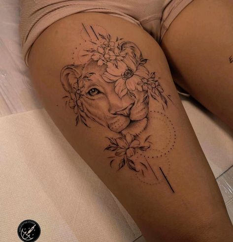 Fierce Lioness Tattoo For Women, Lion Leg Tattoo, Side Leg Tattoo, Lion Tattoo On Thigh, Lioness Tattoo Design, Bookish Tattoos, Lioness Tattoo, Ankle Tattoos For Women, Scar Tattoo