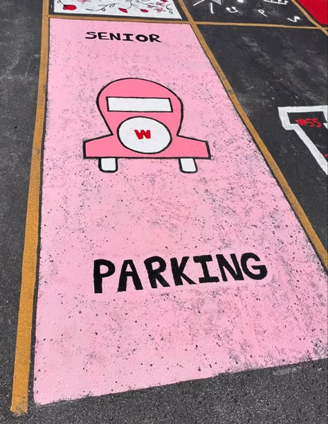 Parking spot with light pink background, and pink monopoly free parking car. Say Senior on top and parking on bottom. Monopoly Senior Parking Spot, Monopoly Parking Spot Painting, Senior Parking Spaces Funny, Senior Spots, Parking Space Ideas, Senior Parking Space Ideas, Parking Lot Painting, Senior Board, High School Plan