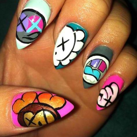 Kaws Nails Kaws Nails, Bright Acrylic Nails, Nail Art Photos, Retro Nails, Makeup Hacks Beauty Secrets, Square Nail Designs, Cute Acrylic Nail Designs, Short Square Acrylic Nails, Red Nail Designs