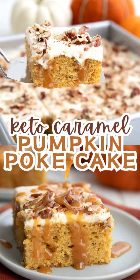 This Keto Pumpkin Poke Cake combines tender low carb pumpkin cake with gooey caramel sauce and an airy cream cheese frosting. It might just be the best keto dessert recipe you make all year! Pumpkin Cream Cheese Keto, Keto Cakes Recipes, Keto Pumpkin Desserts, Keto Pumpkin Cake, Pumpkin Keto, Pumpkin Poke Cake, Keto Pie, Low Carb Pumpkin Recipes, Fall Deserts