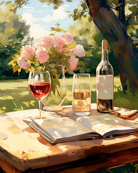 Wine glass on a table outside in a backyard with a vase of flowers and bottle of wine Wine Glass Art Paintings, Wine Art Illustration, Bright Drawings, Fantasy Alcohol, Wine Bottle Drawing, Wine Drawing, Book Trees, Wine And Flowers, Wine Glass Drawing