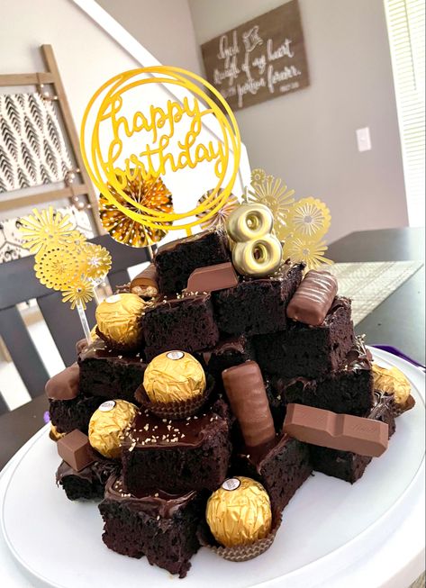 Alternate Birthday Cake Ideas, Brownie Bday Cake, Brownie Stack Cake Birthday, Decorated Brownies Birthday, Brownie Birthday Cake Tower, 18th Birthday Brownie Cake, Brownie Tower, Diy Brownies, Brownie Tower Wedding Cake