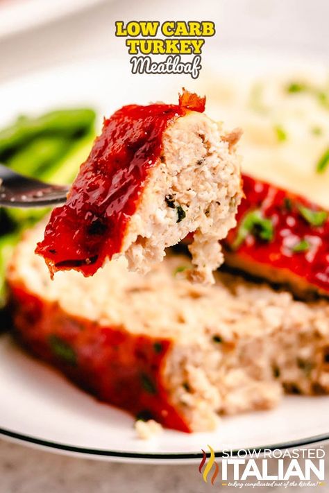 Low Carb Keto Turkey Meatloaf - The Slow Roasted Italian Low Carb Turkey Meatloaf, Keto Turkey Meatloaf, Keto Turkey, Bacon Wrapped Chicken Bites, Turkey Meatloaf Recipes, Slow Roasted Italian, The Slow Roasted Italian, Turkey Meatloaf, Sprouts With Bacon