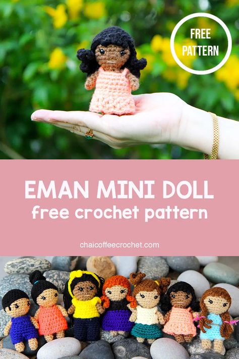 Mini Crochet Doll - Eman | Free Pattern | Chai Coffee Crochet Coffee Crochet, Palm Pals, Delightful Dolls, Diy Crochet Flowers, Crocheted Dolls, Chai Coffee, Tiny Crochet, Crochet Doll Tutorial, Miniature Crochet