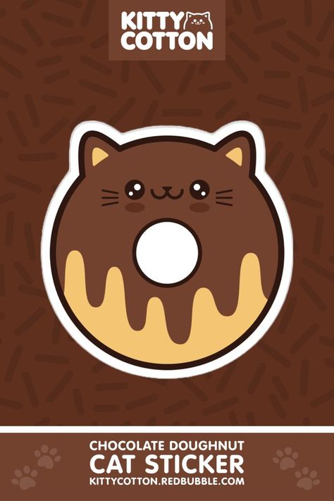 A smiling chocolate doughnut cat sticker covered in chocolate brown icing. Created by Kitty Cotton. Chocolate Doughnut, Donut Drawing, Chocolate Doughnuts, Donut Cat, Chocolate Donut, Black Cat Sticker, Drink Stickers, Food Stickers, Anime Animals