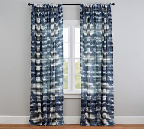 OPEN BOX: Shibori Diamond Linen/Cotton Rod Pocket Curtain | Pottery Barn Belgian Linen Curtains, Ivory Curtains, Fireplace Room, Linen Blackout Curtains, Happy Sunshine, Silk Curtains, Linen Curtain, Blue Curtains, Grey Curtains