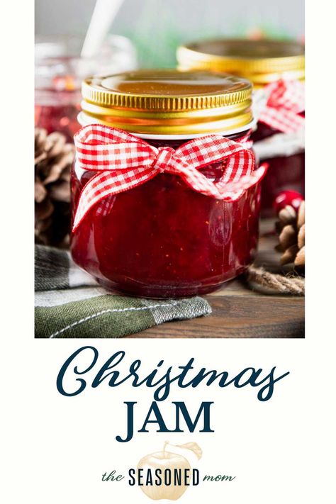 The perfect gift to share with friends and family during the holiday season! Christmas jam includes frozen strawberries, cranberries, fresh orange zest, and warm spices. Easy Fruit Jam Recipe, Spiced Christmas Jam No Pectin, Spiced Christmas Jam Recipes Homemade, Christmas Jam With Powdered Pectin, Small Batch Christmas Jam, Spiced Jam Recipes, Spicy Christmas Jam, Spiced Cranberry Jam, Canning Recipes Jams & Jellies