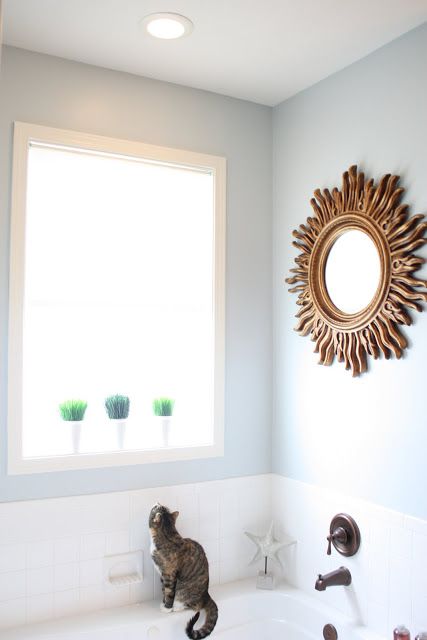 A master bathroom painted in Behr Light French Gray, with a cat on the side of the bathtub and a large mirror above the tub. Behr Light French Gray, Light Blue Gray Paint, Dark Blue Grey Paint, Light Blue Grey Paint, Light French Gray, French Grey Paint, Blue Gray Paint Colors, Life On Virginia Street, Light Blue Paints