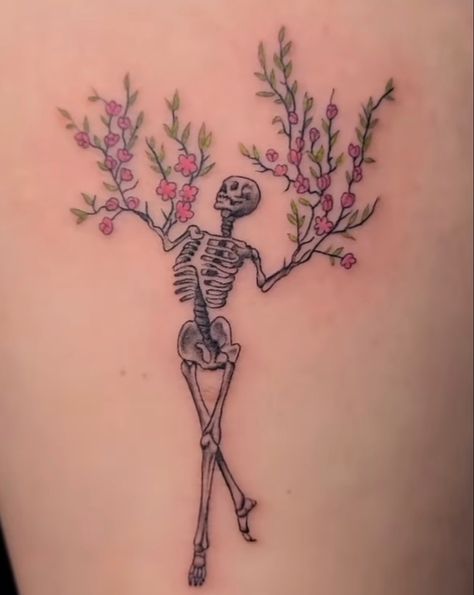 Skelton And Flowers Tattoo, Tattoo Designs Men Skeleton, Springtime Tattoo, Flower Skeleton Tattoo, Skeleton Arm Spine Tattoo, Skeleton Flowers, Skeleton With Flowers Tattoo, Skeleton Fairy Tattoo, Skeleton Flower Tattoo