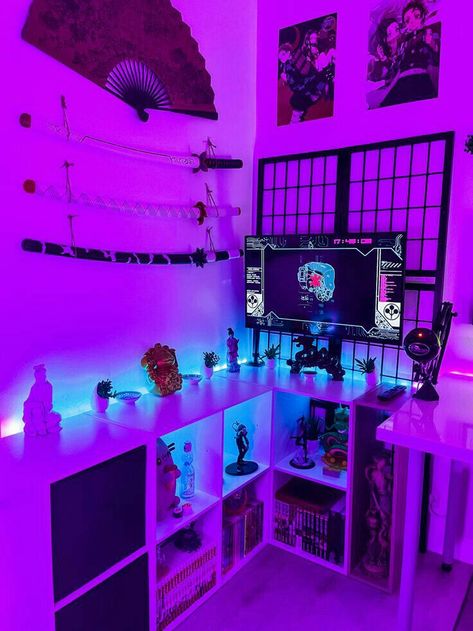 Japanese Game Room, Japanese Gaming Setup, Japanese Gaming Room, Cyberpunk House, Japanese Cyberpunk, Small Game Rooms, Gaming Desk Setup, Coordinates Decor, Cool Dorm Rooms