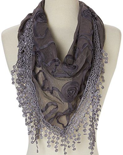 love the flowers on this lace scarf Draping Fabric, Silk Chiffon Scarves, Scarf Knit, Crochet Fringe, Rose Shop, Fashion Scarves, Lace Silk, Grey Roses, Triangle Scarf