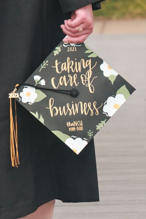 Taking Care Of Business Graduation Cap, Marketing Degree Graduation Cap, Best Graduation Cap Ideas, Bachelors In Business Graduation Cap, Graduation Cap Designs Finance, Hospitality Graduation Cap, Business Major Cap Decoration, Bachelor Cap Decoration, Bachelor Graduation Cap