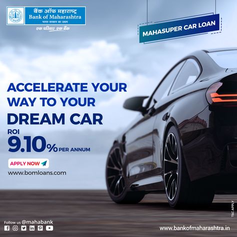 Accelerate your way to your dream car. @Bank of Maharashtra Maha Super Car Loan. To know more about Bank of Maharashtra Car Loan: https://bankofmaharashtra.in/personal-banking/loans/car-loan For quick enquiry about Bank of Maharashtra Car Loan: https://bomloans.com/carloan Apply online for Bank of Maharashtra Car Loan : https://digiloans.bankofmaharashtra.in/apply/vehicleloan Personal Loans Online, Car Loan, Loan Company, Instant Loans, Personal Loan, Types Of Loans, Display Ads, Interest Rates, Car Loans