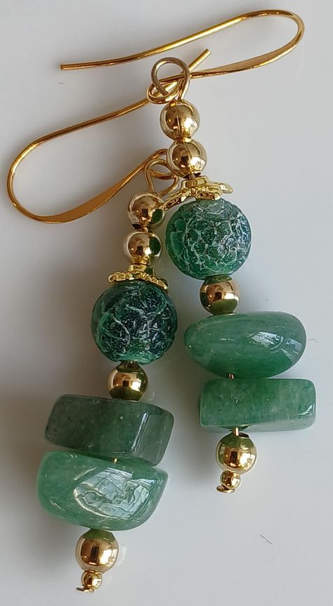 Dangle & Drop Earrings  Earrings: Gold-plated Gemstones: Dyed Agate & Aventurine, Gold-plated Beads Color: Green, Gold Created & Designed by: LifeBoatCreations Glass Bead Crafts Diy, Chip Bead Jewelry, Diy Earrings Dangle, Dyed Agate, Astoria Ny, Earrings Beads, Colored Earrings, Earthy Jewelry, Dangle Earrings Boho