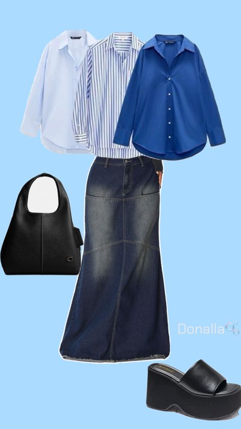 Maxi skirt and shirt Outfit With Skirt Hijab, Modest Outfit Inspo Summer, Denim Skirt Hijab Outfit, Long Denim Skirt Outfit Ideas, Long Skirt Outfits Aesthetic, Hijab Fits, Modest Outfits Muslim, Muslimah Fashion Casual, Stylish Outfits Casual