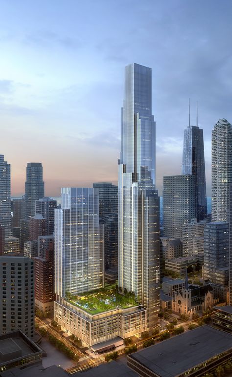 Holy Name tower would become Chicago’s sixth tallest skyscraper - Curbed Chicagoclockmenumore-arrownoyes : The supertall One Chicago Square development would replace Holy Name Cathedral’s block-sized parking lot Futuristic Civilization, One Chicago, Commercial And Office Architecture, High Building, Buildings Photography, Mix Use Building, Office Tower, Skyscraper Architecture, Night Shot