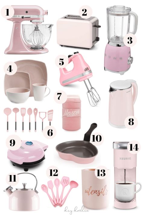 Pink House Appliances, Kitchen Ideas Pink, Pink Apartment Decor, Pink Kitchen Appliances, Mirror Buffet, Kitchen Cute, Pink Kitchen Decor, Gold Desk, Pink Inspiration