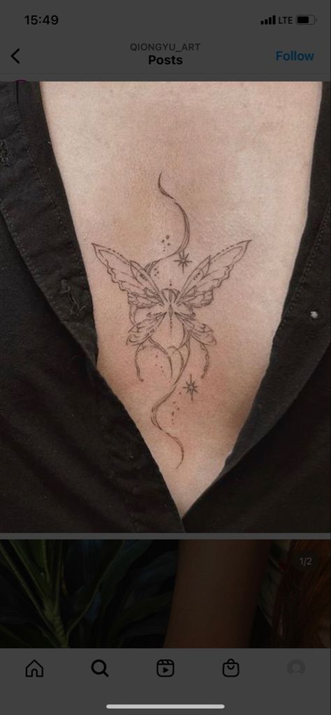 Baterfly Tattoos, Realistic Fine Line Tattoo, Heart Tattoo Unique, Underboob Tattoo Butterfly, Between The Breast Tattoo, Butterfly Tattoo Between Breast, Sternum Butterfly Tattoo, Butterfly Tattoos On Back, Under Chest Tattoos Female