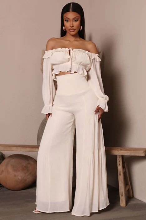 We Should Be Pant Set - Ivory | Fashion Nova, Matching Sets | Fashion Nova Off White Wide Leg Pants Outfit, White Wide Leg Pants Outfit, Earthy Girl, Cruise Clothes, Crop Top Pants Set, Wide Leg Pants Outfit, White Wide Leg Pants, Yacht Party, Pics Inspo