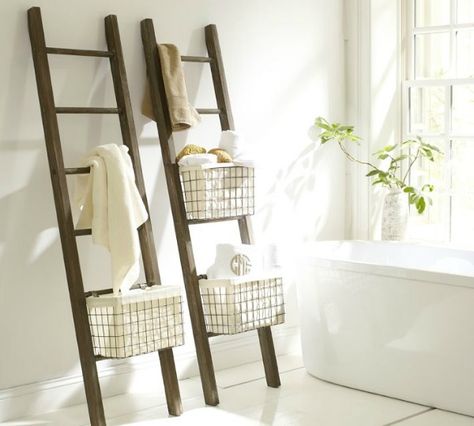 How to Fit the Most Storage Into a Small Bathroom Ladder Towel Racks, Bathroom Ladder, Luxe Bathroom, Ladder Storage, Rustic Ladder, Wood Bath, Wooden Ladder, A Ladder, Towel Storage