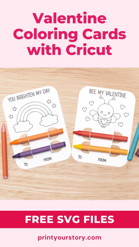 Make unique Valentine's Day cards for loved ones with our free Coloring Card SVG files for Cricut. Easy, fun, and budget-friendly project for the whole family! via @YourStorySVG Cricut Print And Cut, Crayon Holder, Card Svg, Valentine Coloring, Valentines Day Greetings, Valentine's Day Cards, Free Valentine, Unique Valentines, Cricut Free